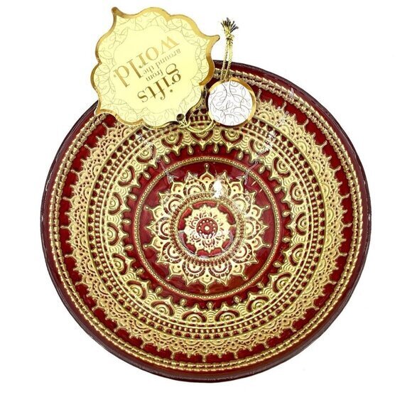 Turkish Glass Bowls Hand Painted Gold Lace Set of 4 Red Glass Bowls 6.5